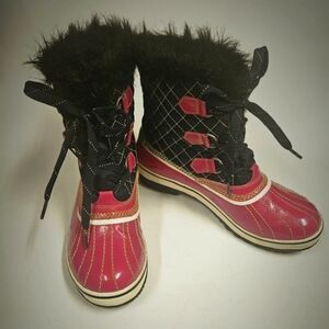 Sorel Torino Short Snow Boots Faux Fur Quilted Black Pink Waterproof size 8.5